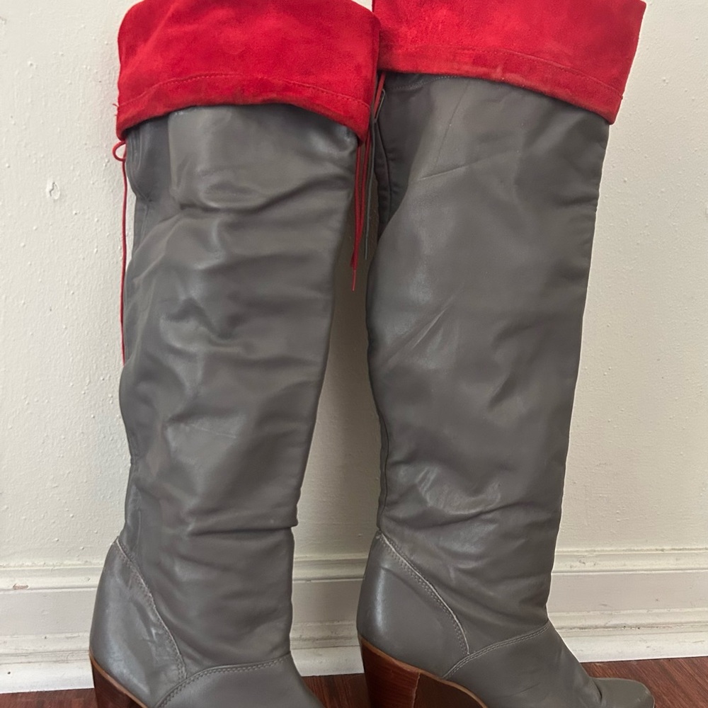 Zodiac Gray Leather Over-the-Knee Boots with Red Suede Cuff
